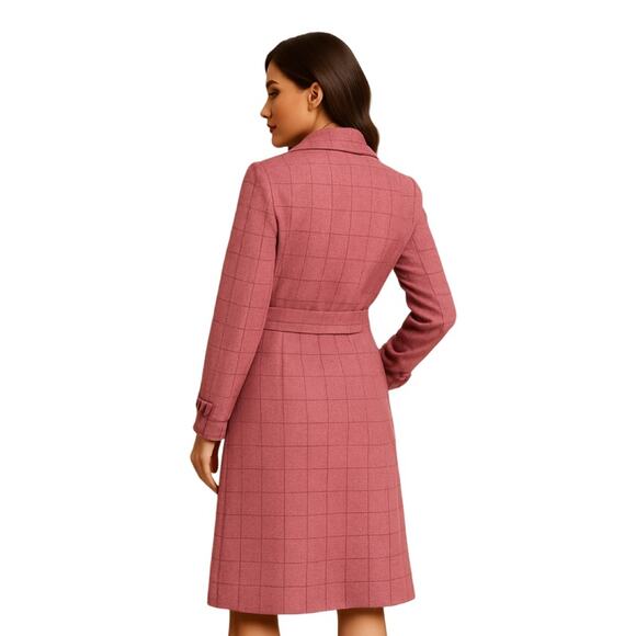 Vintage Pink Plaid Double-Breasted Coat Knee Length UK Size Small Belt Pockets - Picture 3 of 9